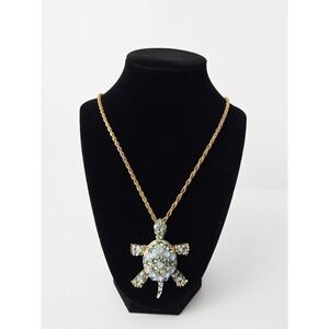 Turtle pendant necklace long rhinestone studded 2 1/2" moveable legs